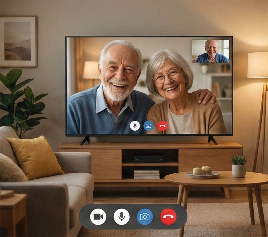An older couple on a video call with family on their living room TV
