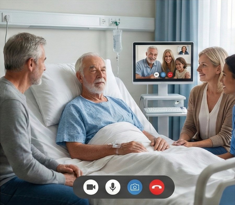 A patient in a hospice bed with family beside him and a video call on the screen