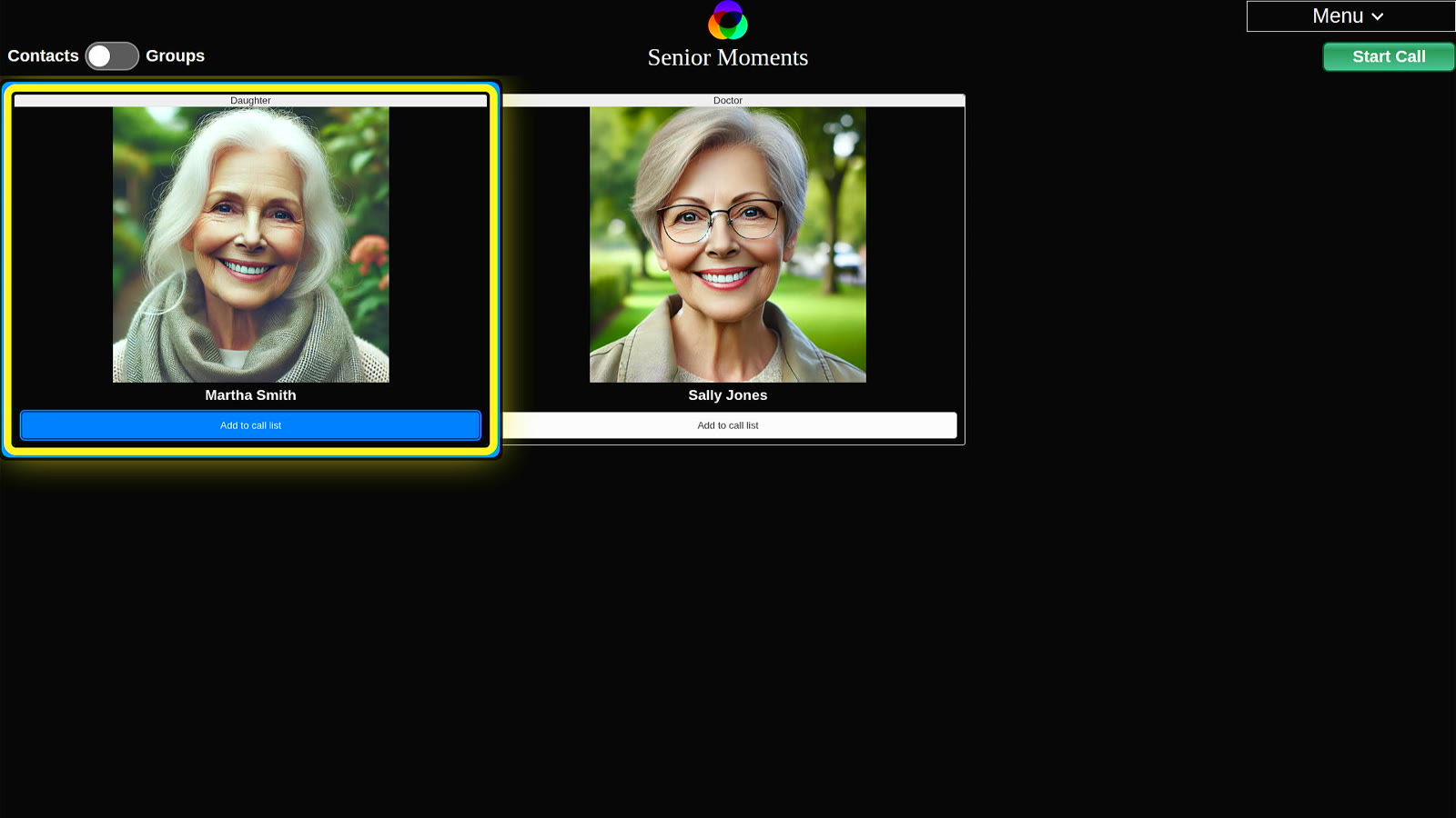 Choosing family members to call on the Senior Moments video calling screen